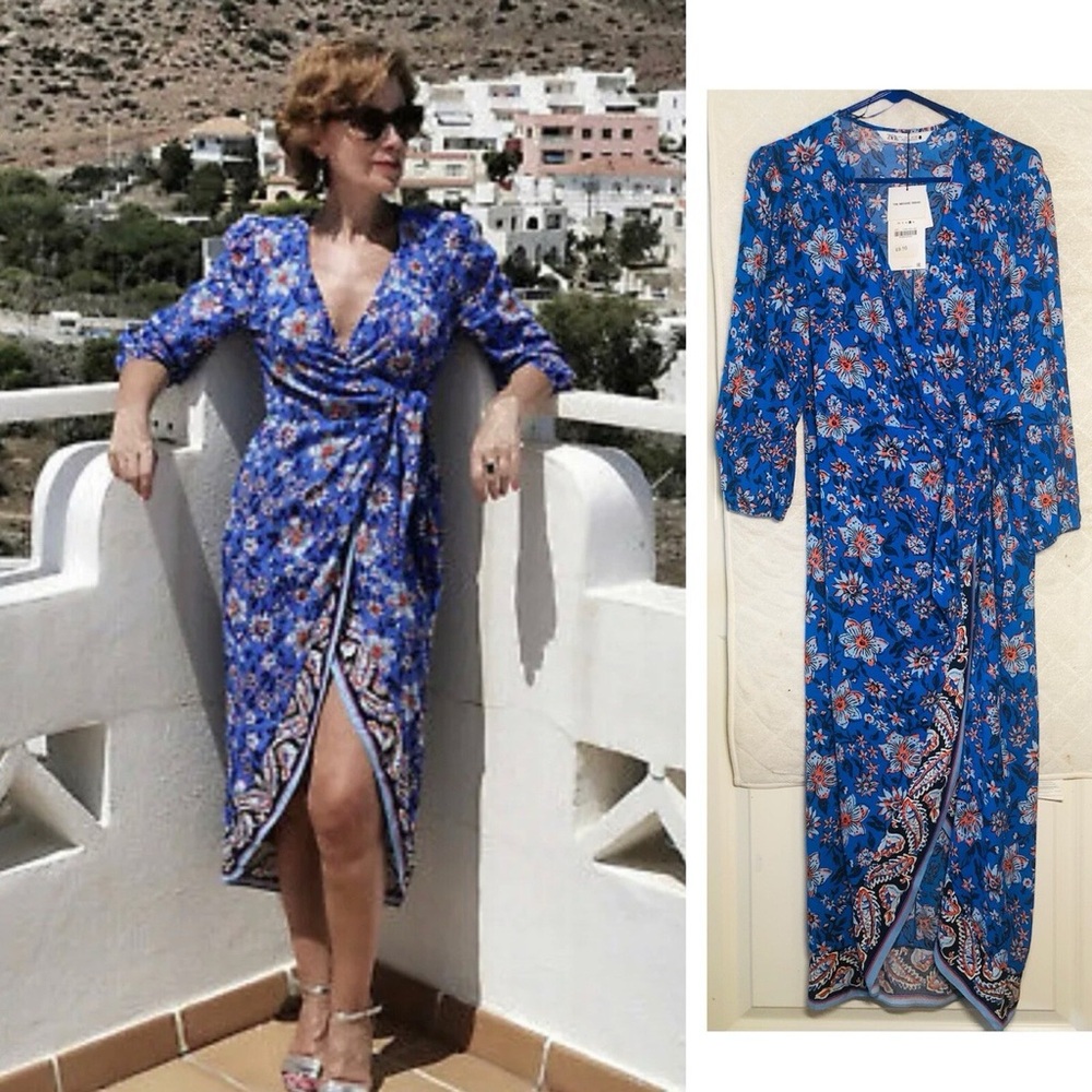 Zara Blue White Floral Long Sleeve Wrap Summer Dress Size XL *EUC